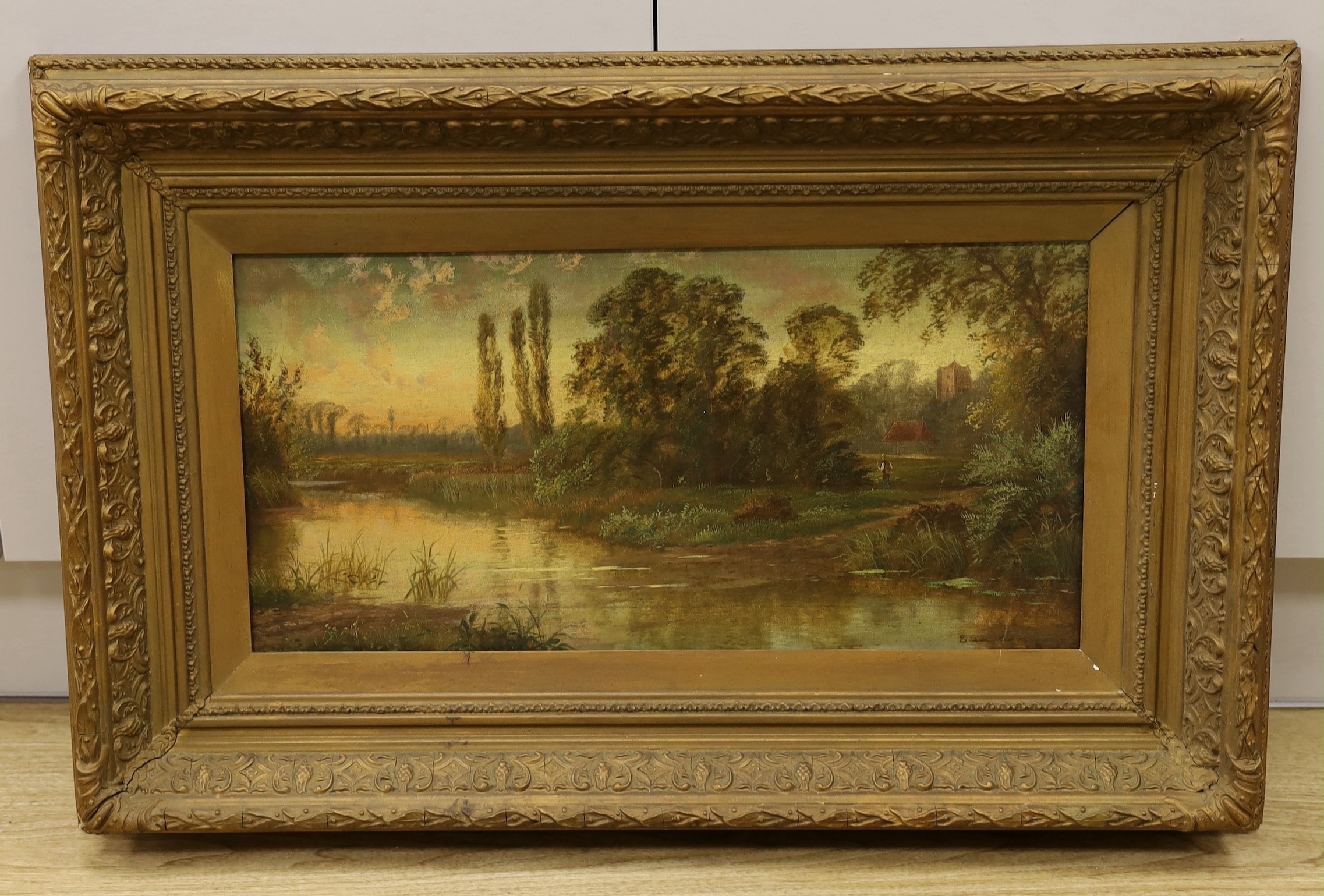 E. Lancaster Hooper (fl.1876-1894), oil on canvas, River landscape at sunset, signed, 30 x 60cm